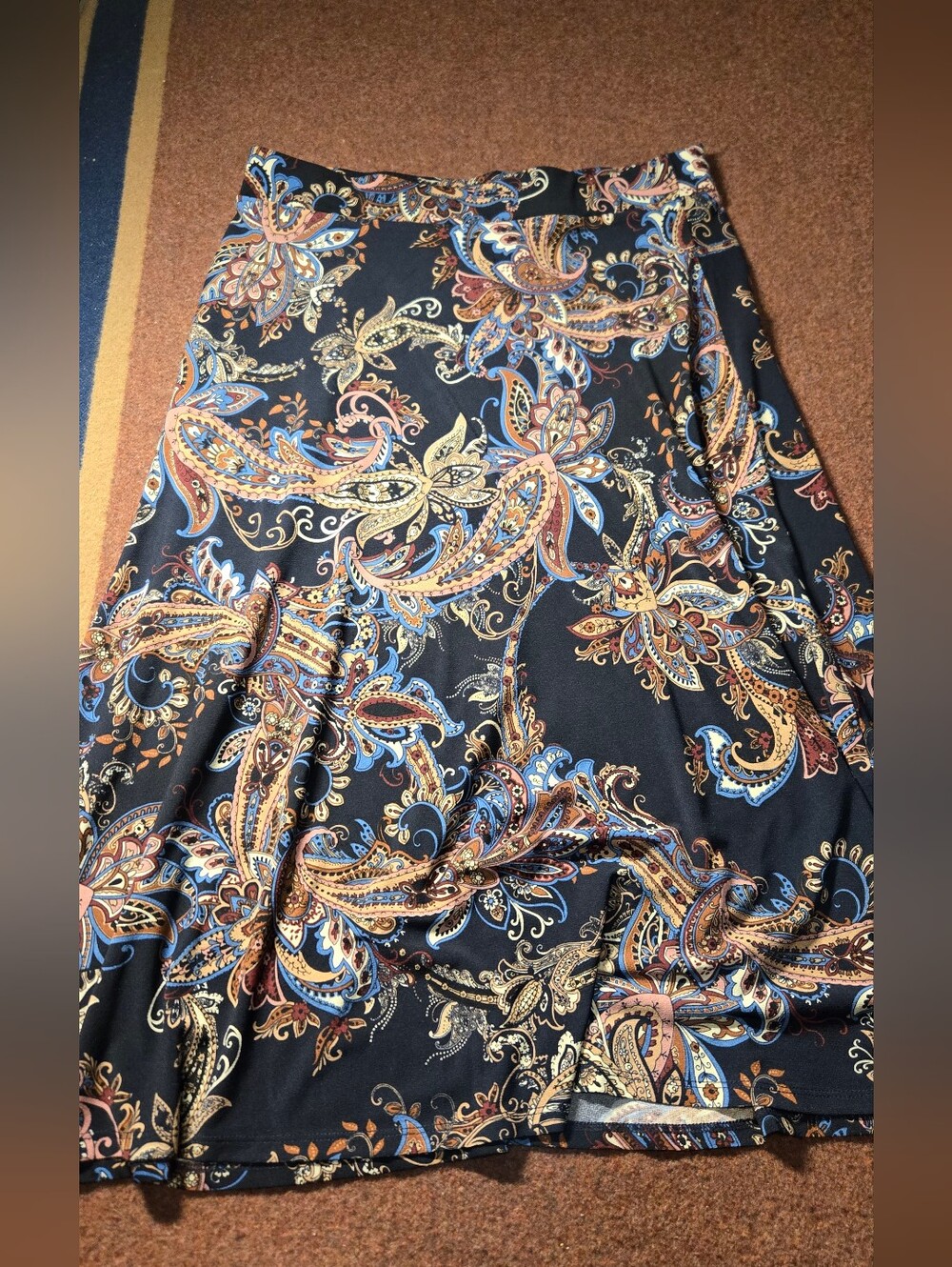 Vintage Christopher & Banks Paisley Midi Skirt Tones Of Navy Tan Blue 34in Waist